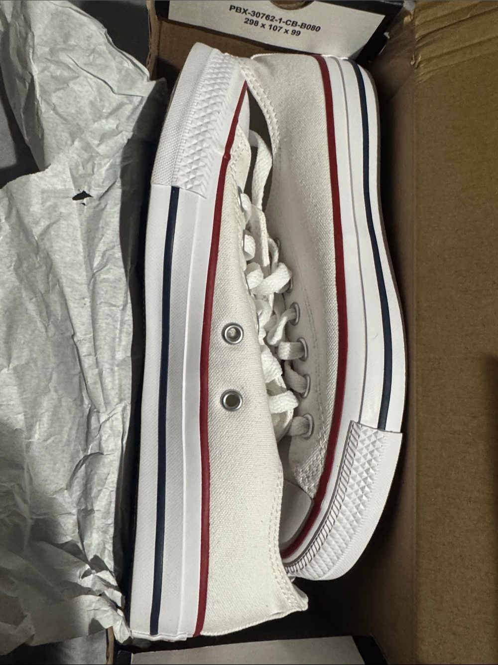 Converse White Low-Top Sneakers with Red & Navy Stripe
